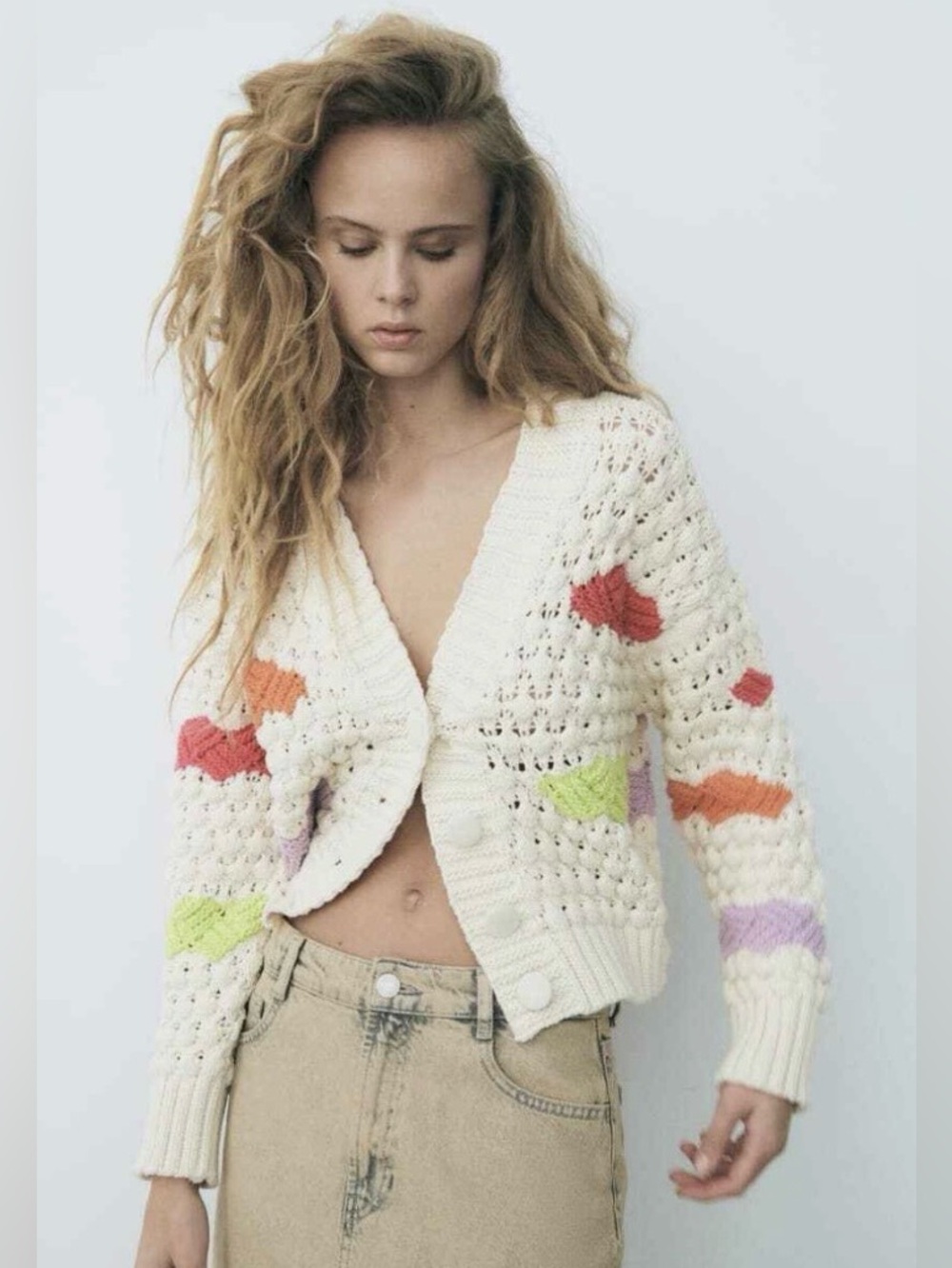 Zara Colorblock Cream Chunky Cable Knit Cardigan Sweater Crochet Small